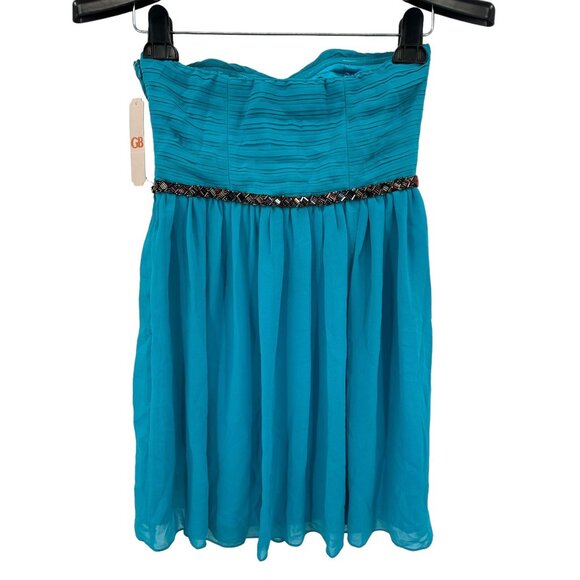 GB Turquoise Strapless Dress Small Beaded Mini Chiffon Feminine Skater Party NEW - Picture 6 of 9